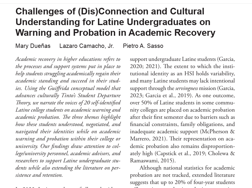 New Article on Latine Undergraduates in Academic Recovery