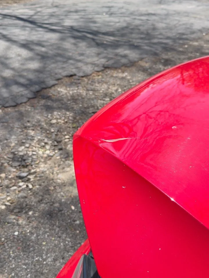 I ran a contest for some free dent work a month ago or so and the winner was @_built_by_cam_! If you saw on his IG something flew out of a truck and smashed his hood and it left a nasty gouge in the metal. I stopped by his place today and brought all