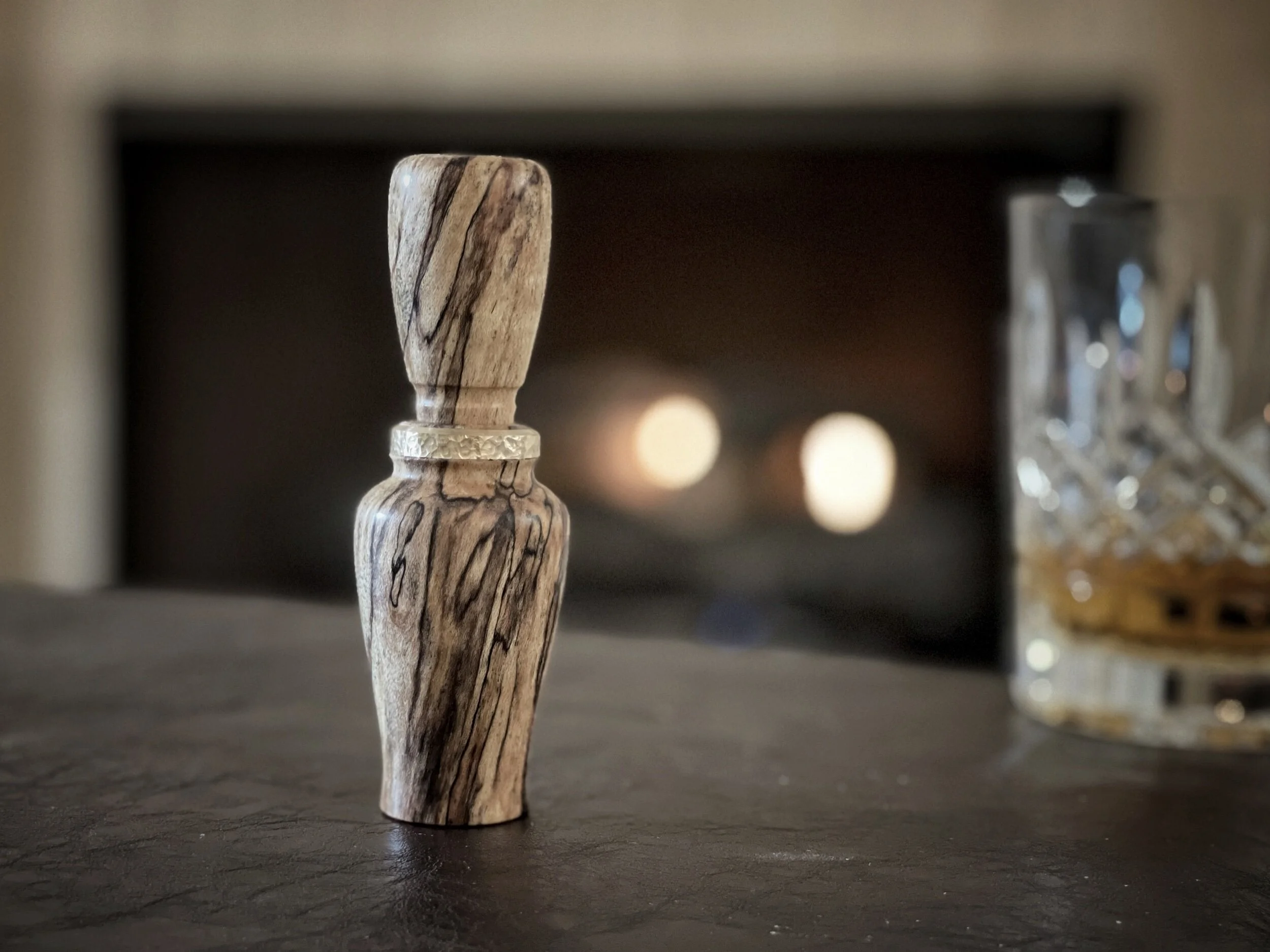 Spalted Maple duck call with a hammered brass band