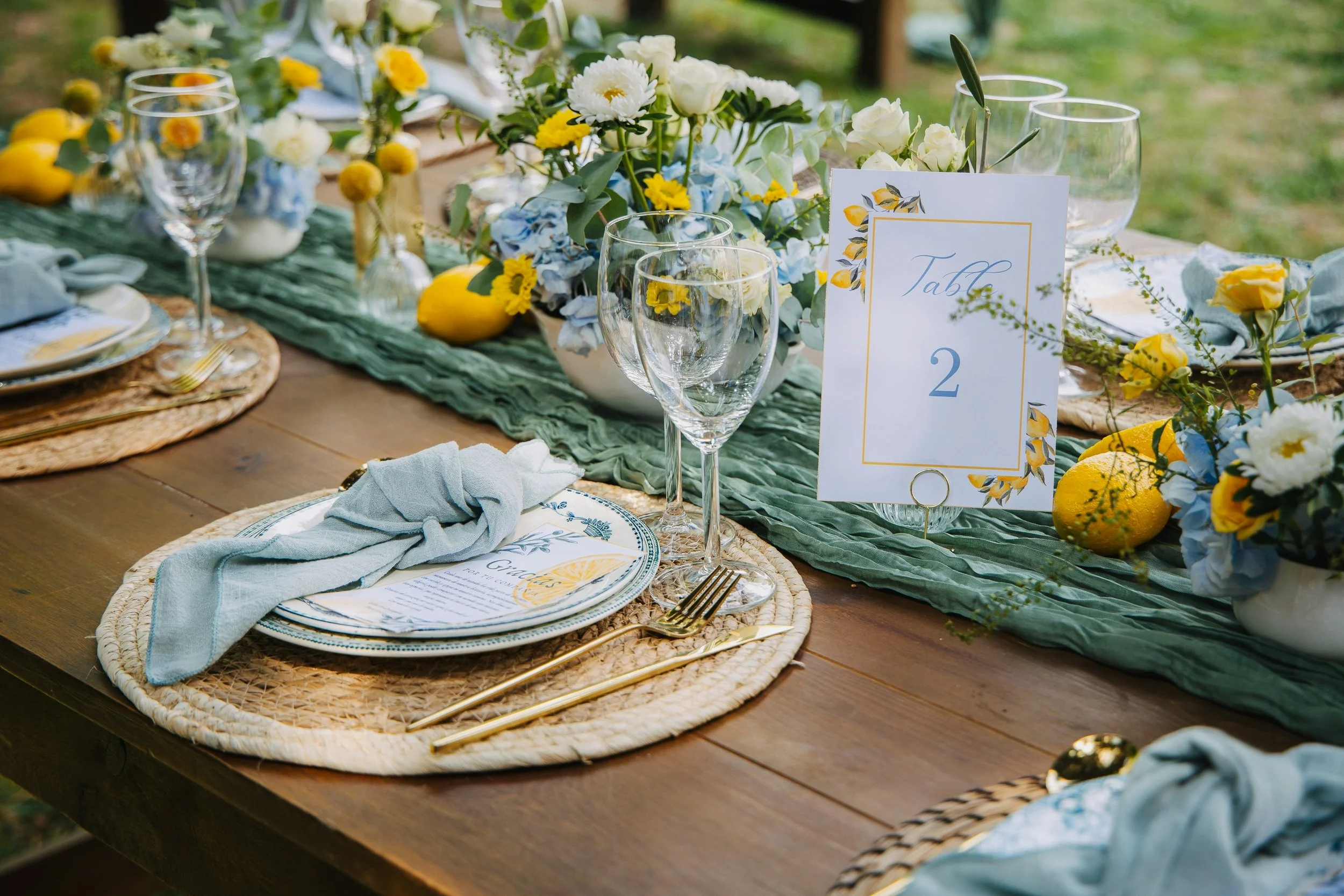 Colourful tablescape with white florals