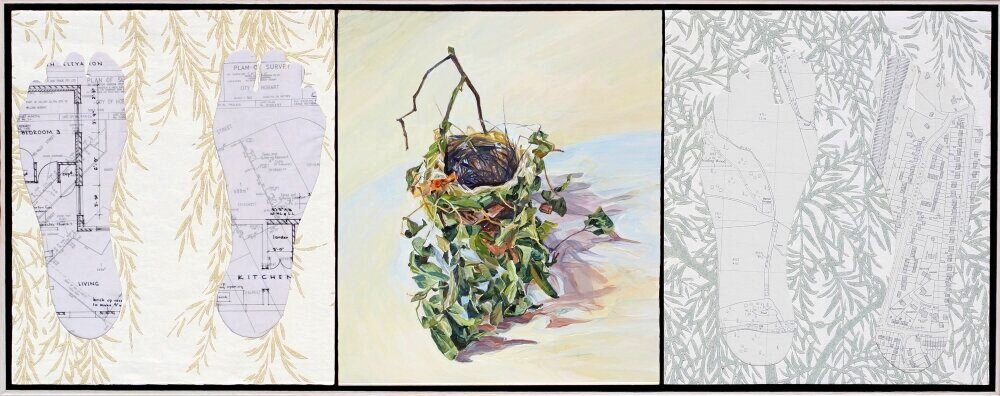 Footprint, Nesting Series Triptych acrylic and collage on masonite 32 x 80cm