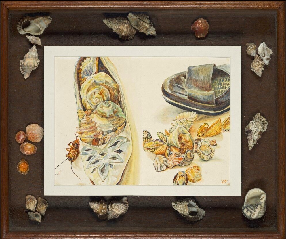 Shoes, Eastern Foreshore Series.watercolour and assmblage of found objects in wooden box 48 x 57 x 8 cm