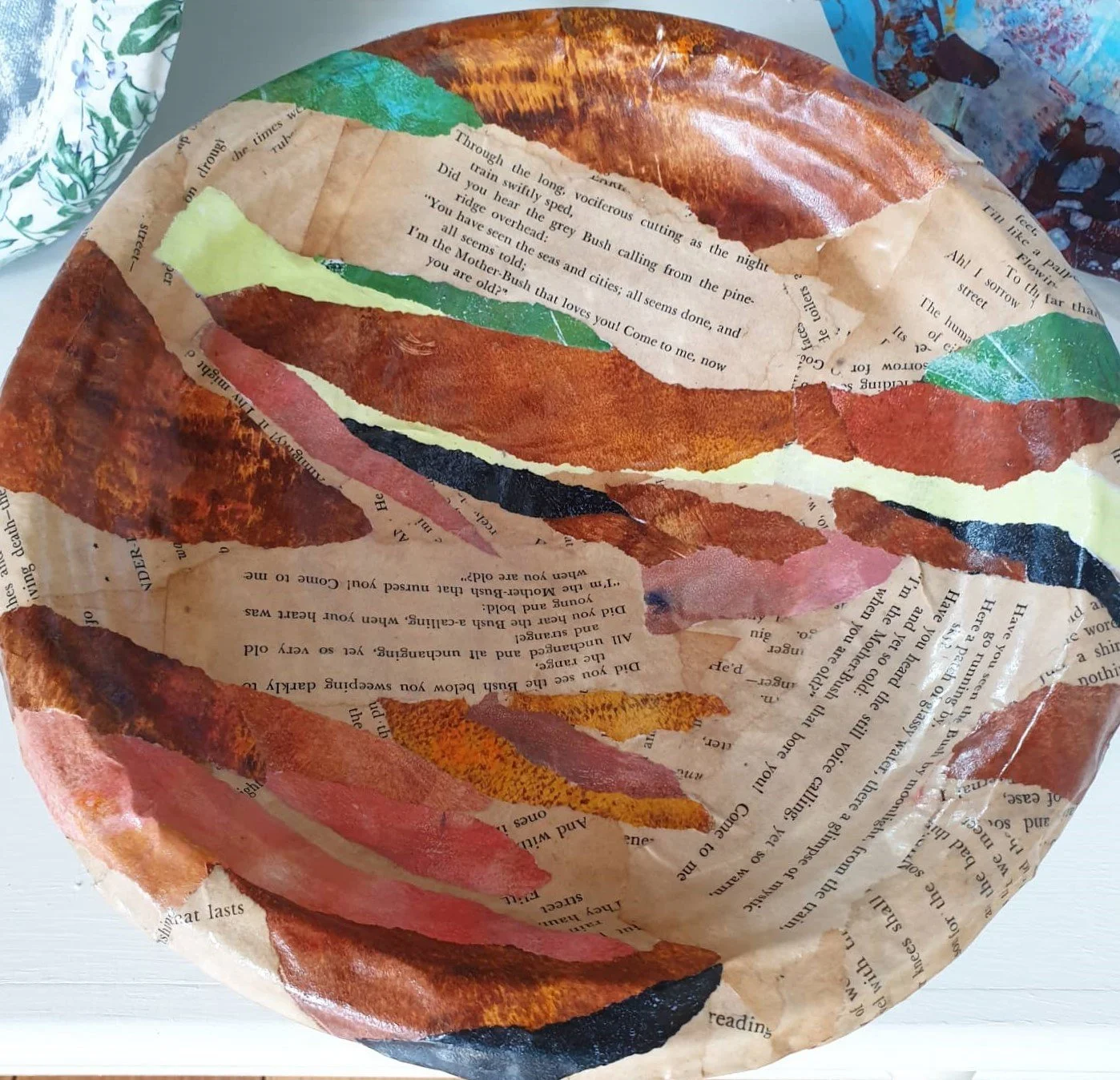 Henrietta Manning Poetry Bowl I papier mache, Henry Lawson book text & monoprint collage 8 x 24cm