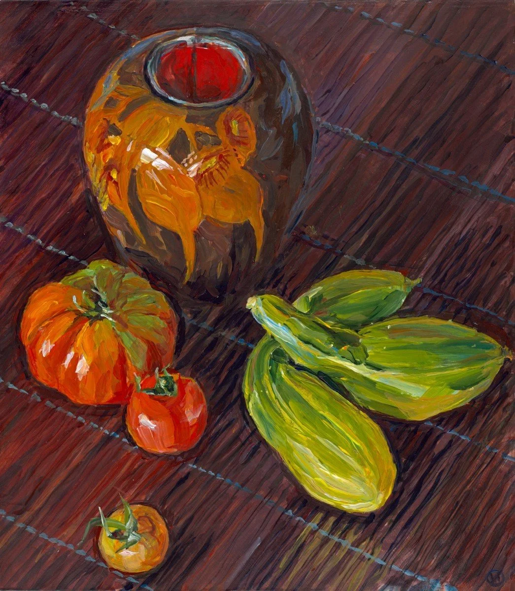 acrylic painting by Henrietta Manning of  antique pokerwork vase, tomatoes and baby cucumbers