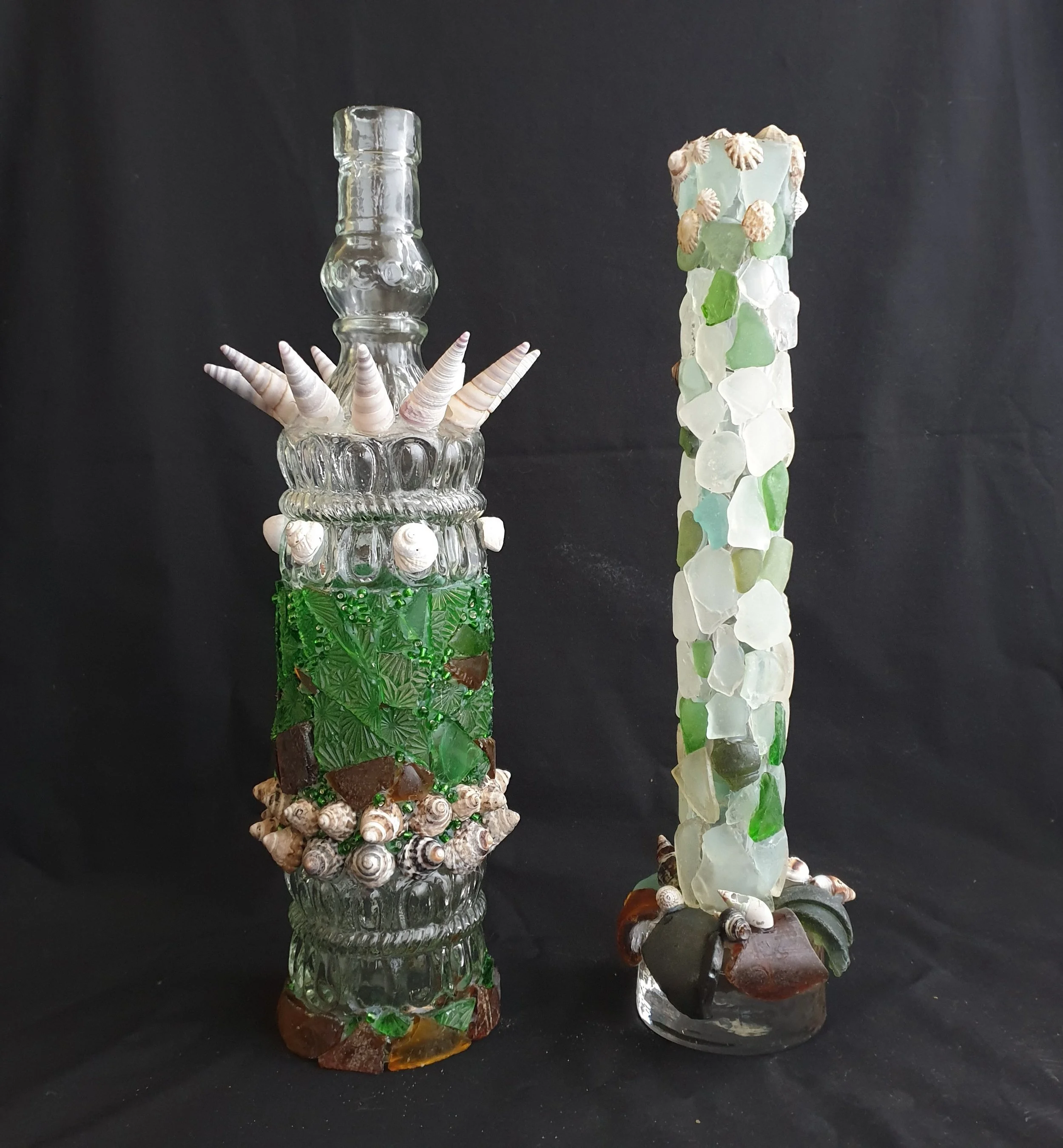 Two Vessels incorporating found glass and shells from the series Far South Fossicking by Henrietta Manning