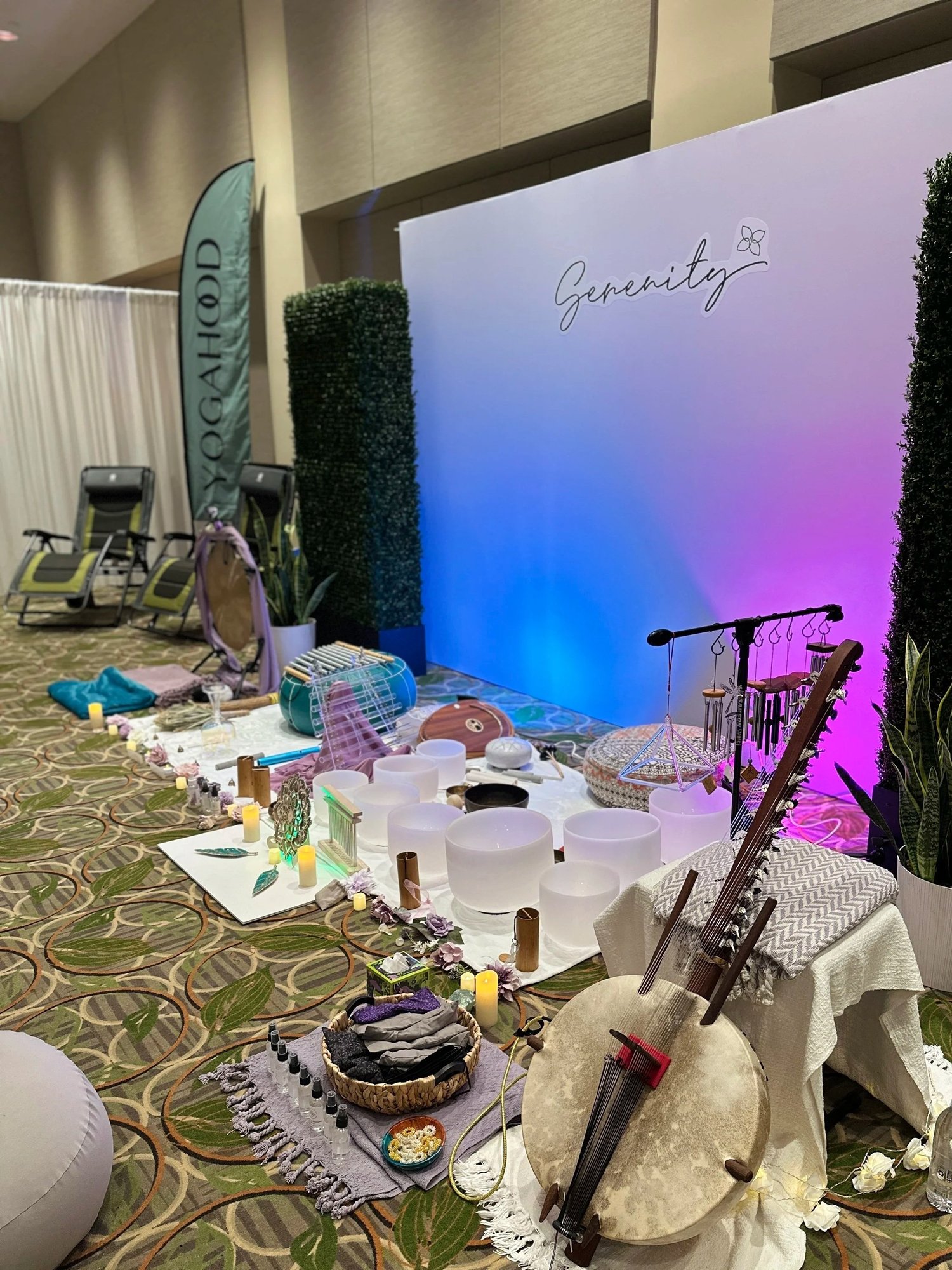 ZEN Seraphine Serenity sound bath setup with kora, frame drum, and crystal singing bowls