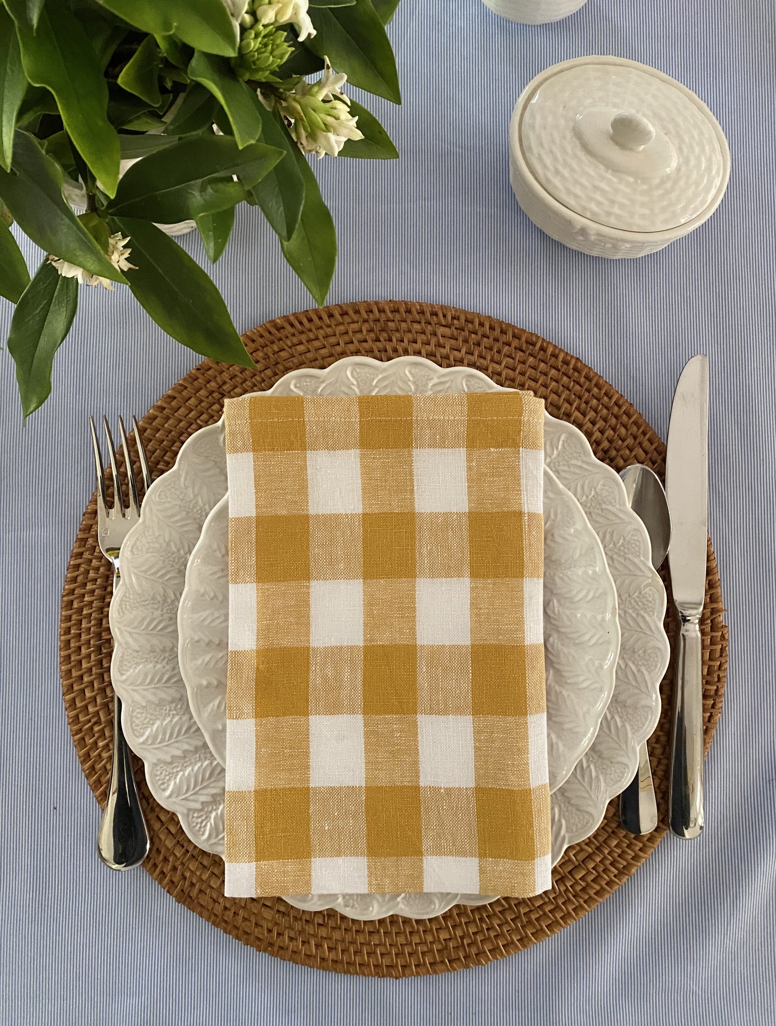 Linen napkin yellow &amp; white gingham set of 4
