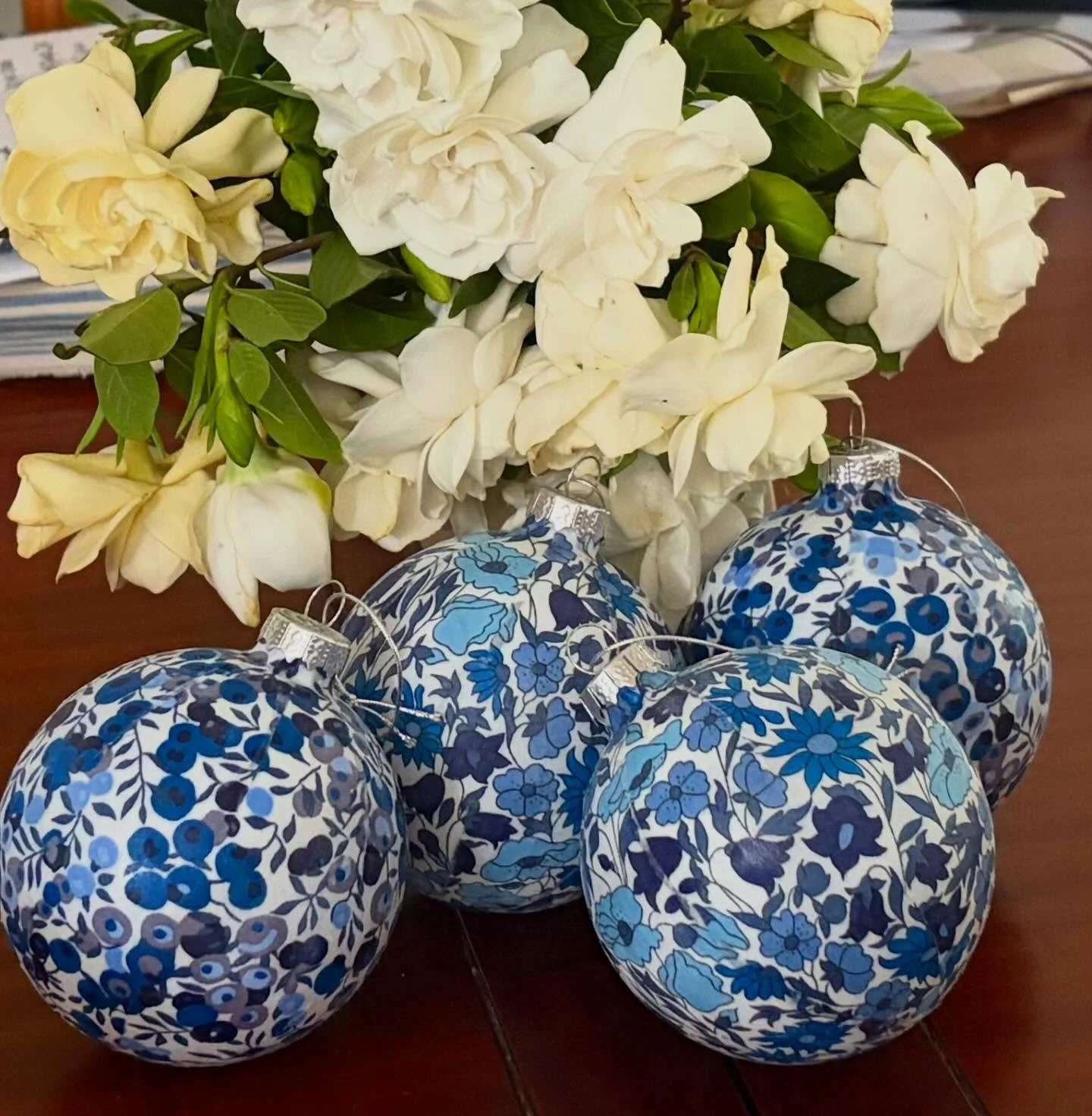 Christmas bauble and gardenia season - bliss. Wiltshire and Poppy &amp; Daisy prints pairing nicely together. 
Find these and many others idlewilde.com.au