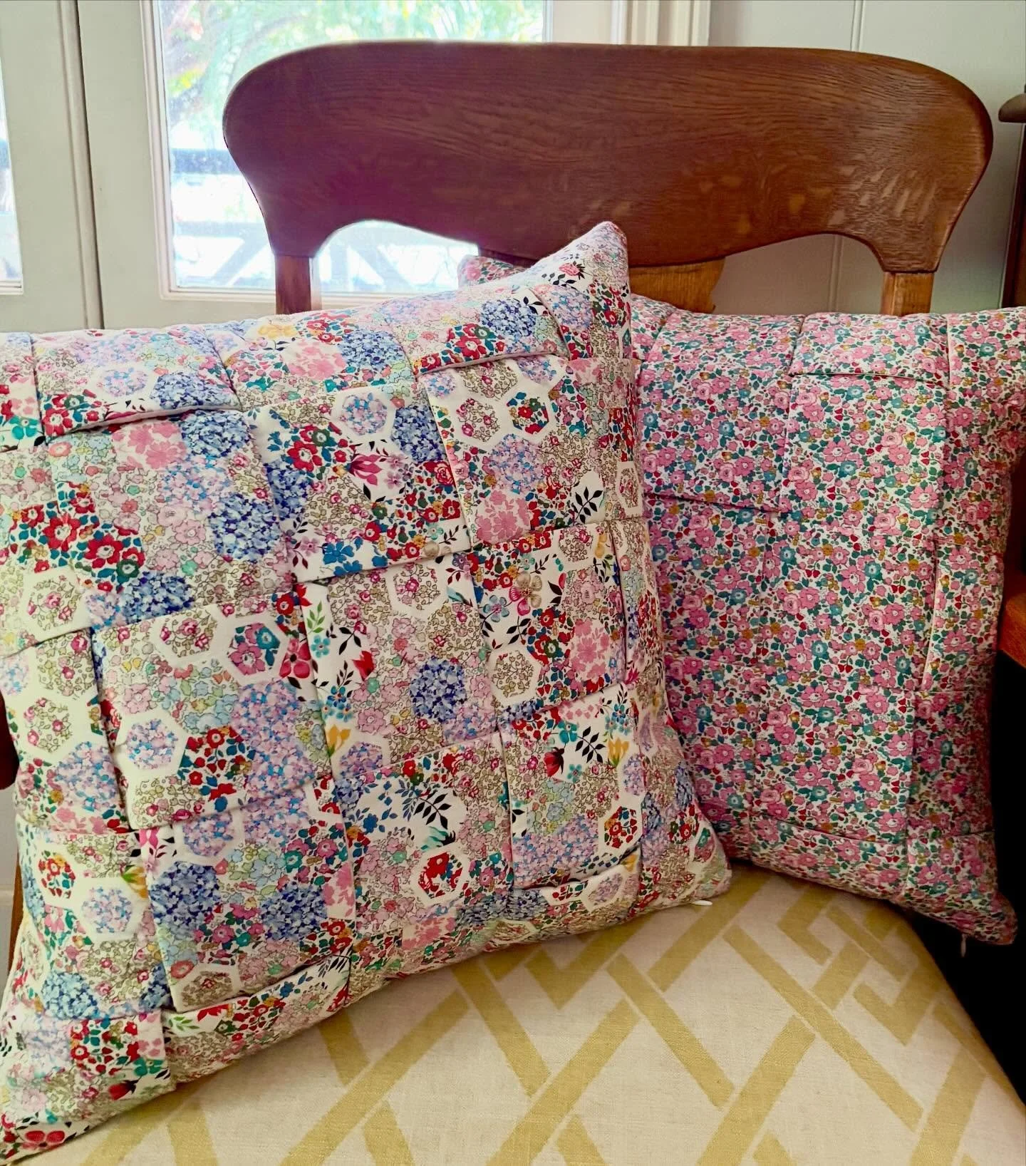 A little project I&rsquo;ve been sitting on for a while (not literally!), waiting to photograph them. Liberty &lsquo;Betsy Ann&rsquo; and &lsquo;Patchwork Memories&rsquo; sewn into strips, woven and then encased as a cushion cover. A gorgeous accent 