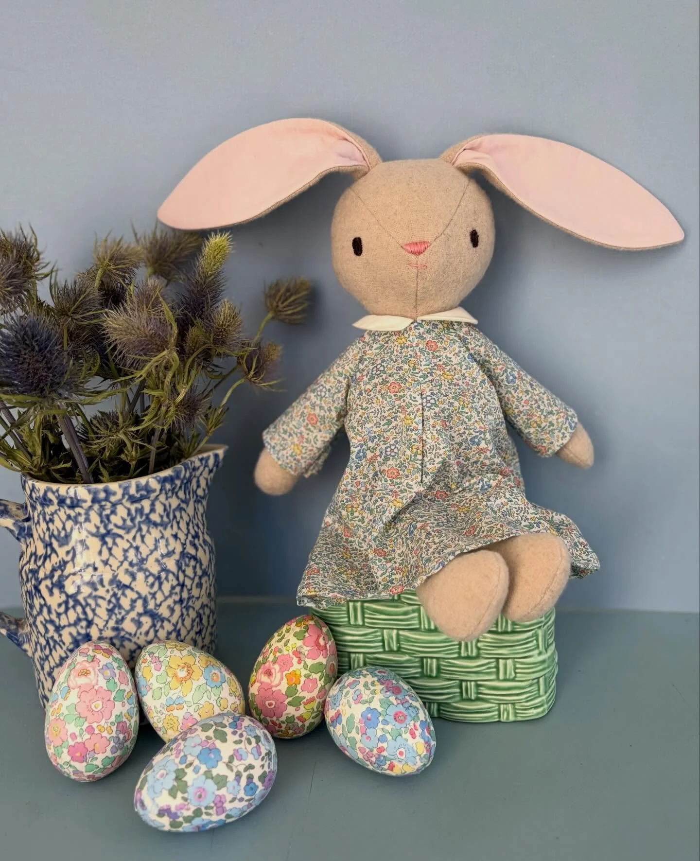 Sometimes you just need to stop and make a bunny. 
Wearing a Liberty dress. 
With a bed, pillow and Liberty patchwork quilt. 
Just because you can. 
Also featuring Liberty Easter eggs - definitely the last year these will be available 🏃&zwj;♂️
#libe