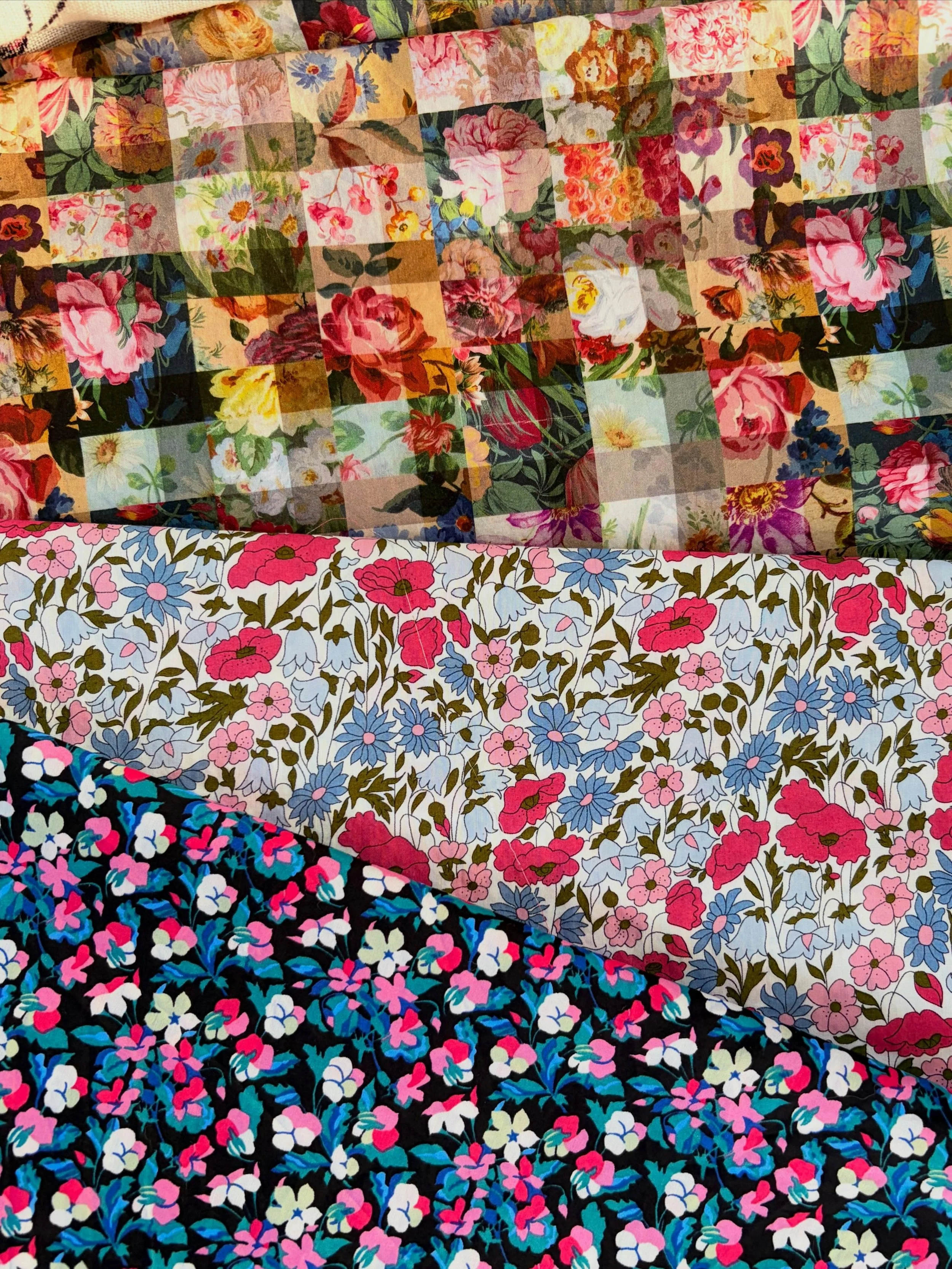 Cutting out fabulous Liberty for tiered maxi skirts - Archive Gingham, Poppy &amp; Daisy, and vintage colour of Sarah. These are custom-made pieces and going international! Do you have a favourite print you would like to see made up? Drop me a messag