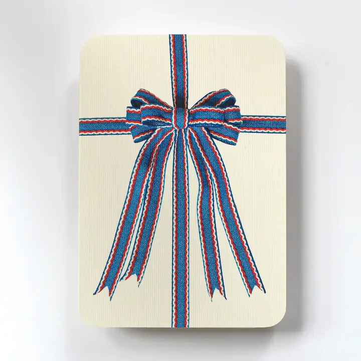 Blue, red and white bow blank card