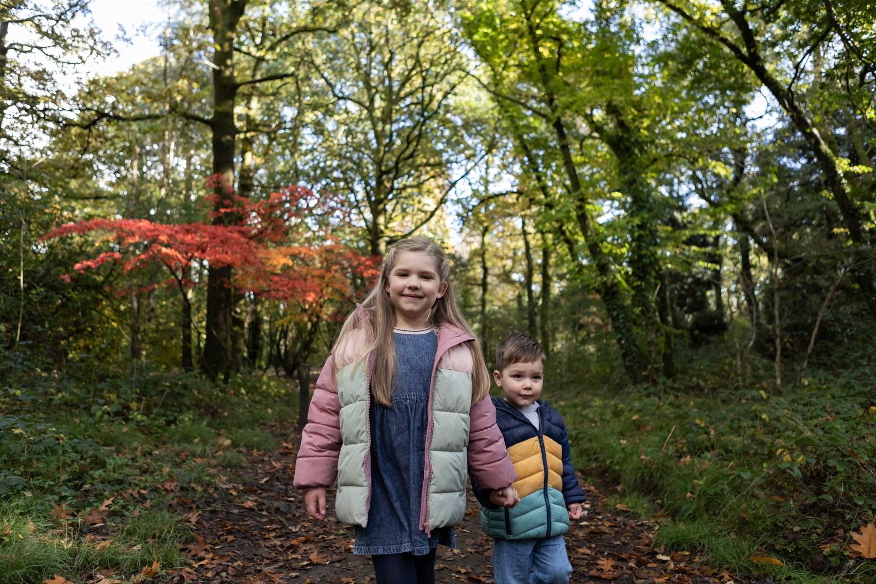Brother and sister walking along a woodland path in Cardiff park