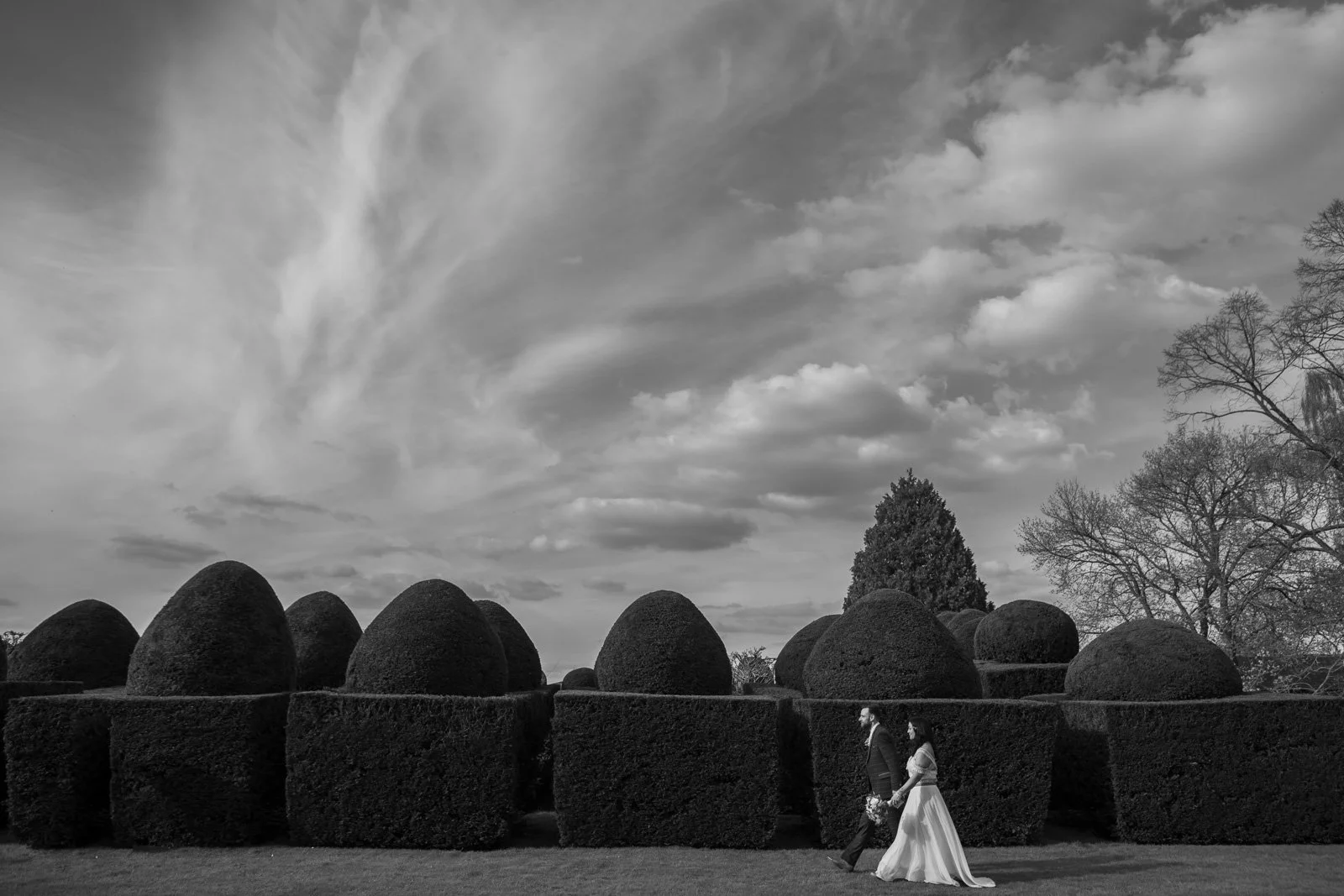 bride and groom walk through garden along hedge with a moody sky behind