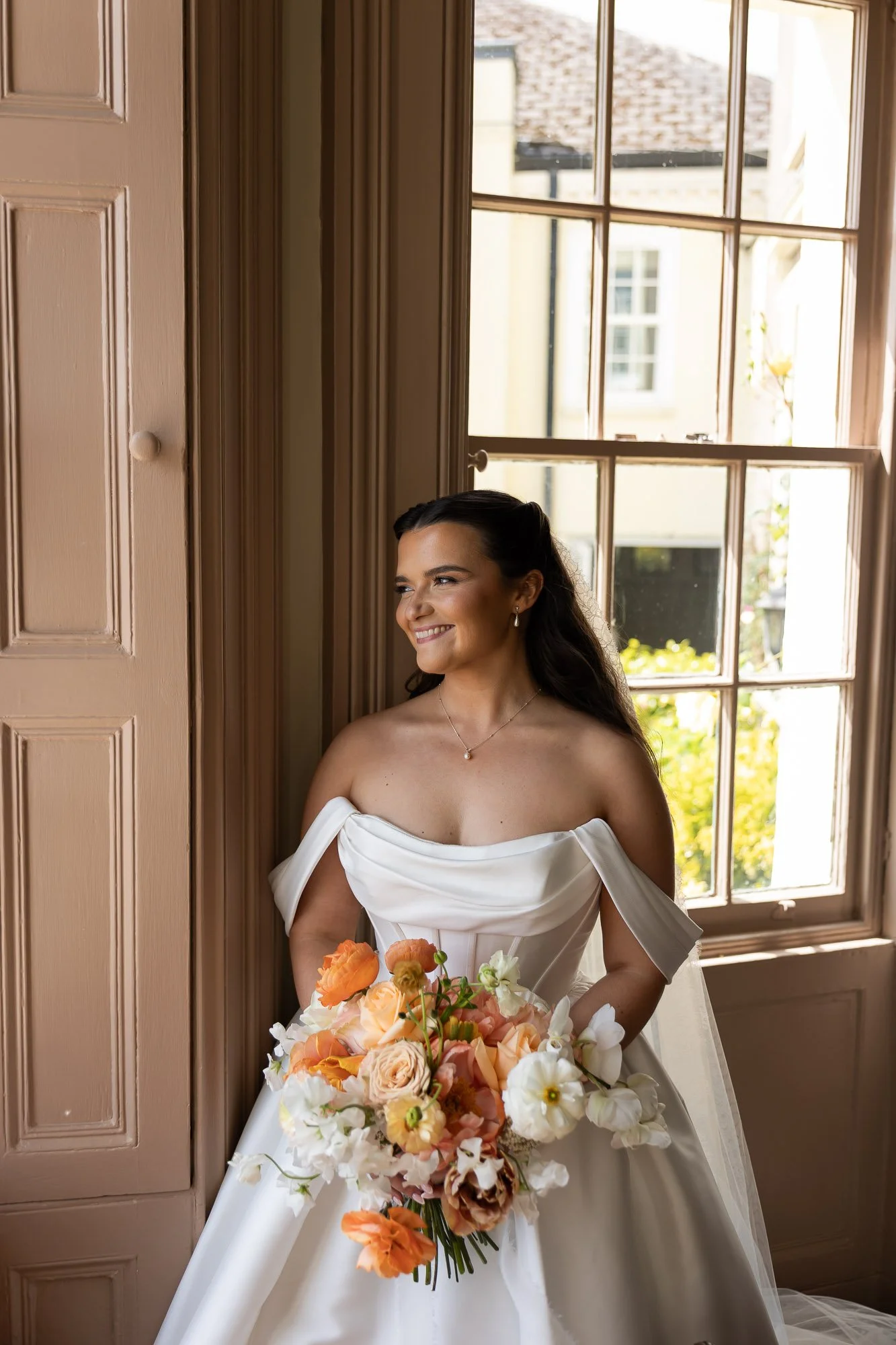 new House Country Hotel bay window bride gazing out over Cardiff