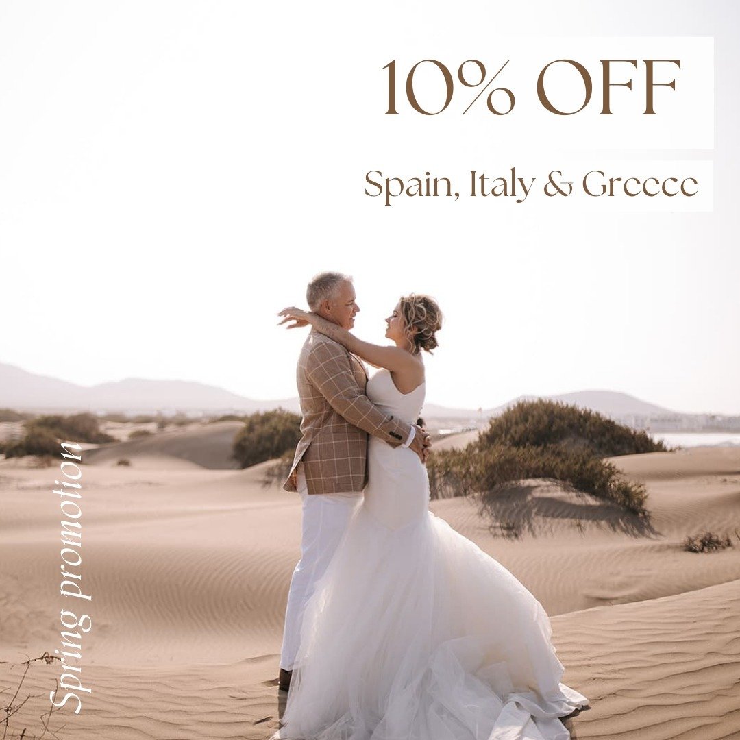 Thinking of eloping? Don't miss out on our Spring Sale! 🌸💍 

Still time to book your dream elopement in Spain, Portugal, or Greece with 10% off!

For bookings made until 31st of May on any Elopement Standard Package - LINK IN BIO

#springsale #wedd