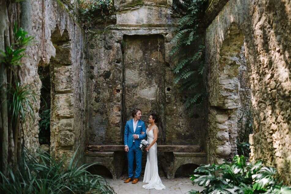Modern Portugal elopement at colorful Pena Palace