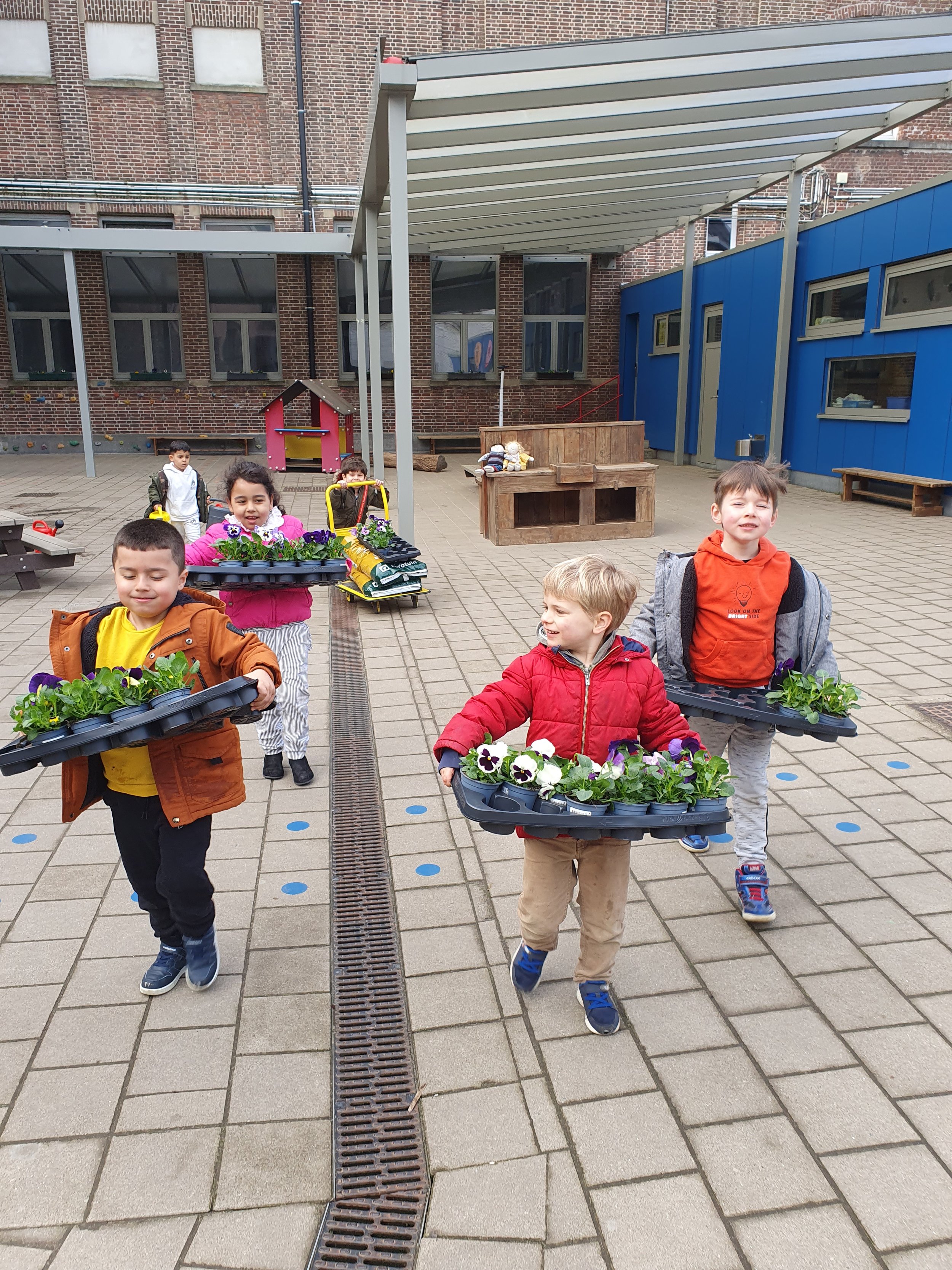 De bloemen worden buiten gezet.