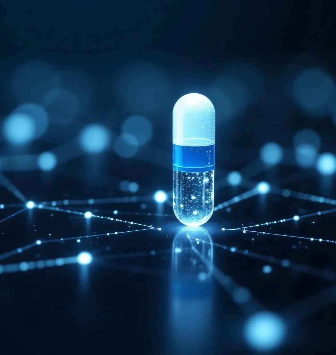 A digital illustration of a capsule-shaped pill with glowing blue liquid inside and surrounding abstract light points connected by lines, set against a dark background.