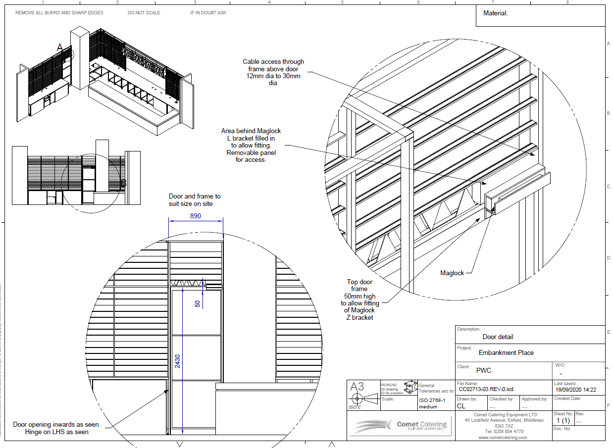 Technical drawing of a door and frame design with detailed annotations for construction, including measurements and specifications for elements like Maglock and cable access, provided by Comet Catering Equipment LTD.