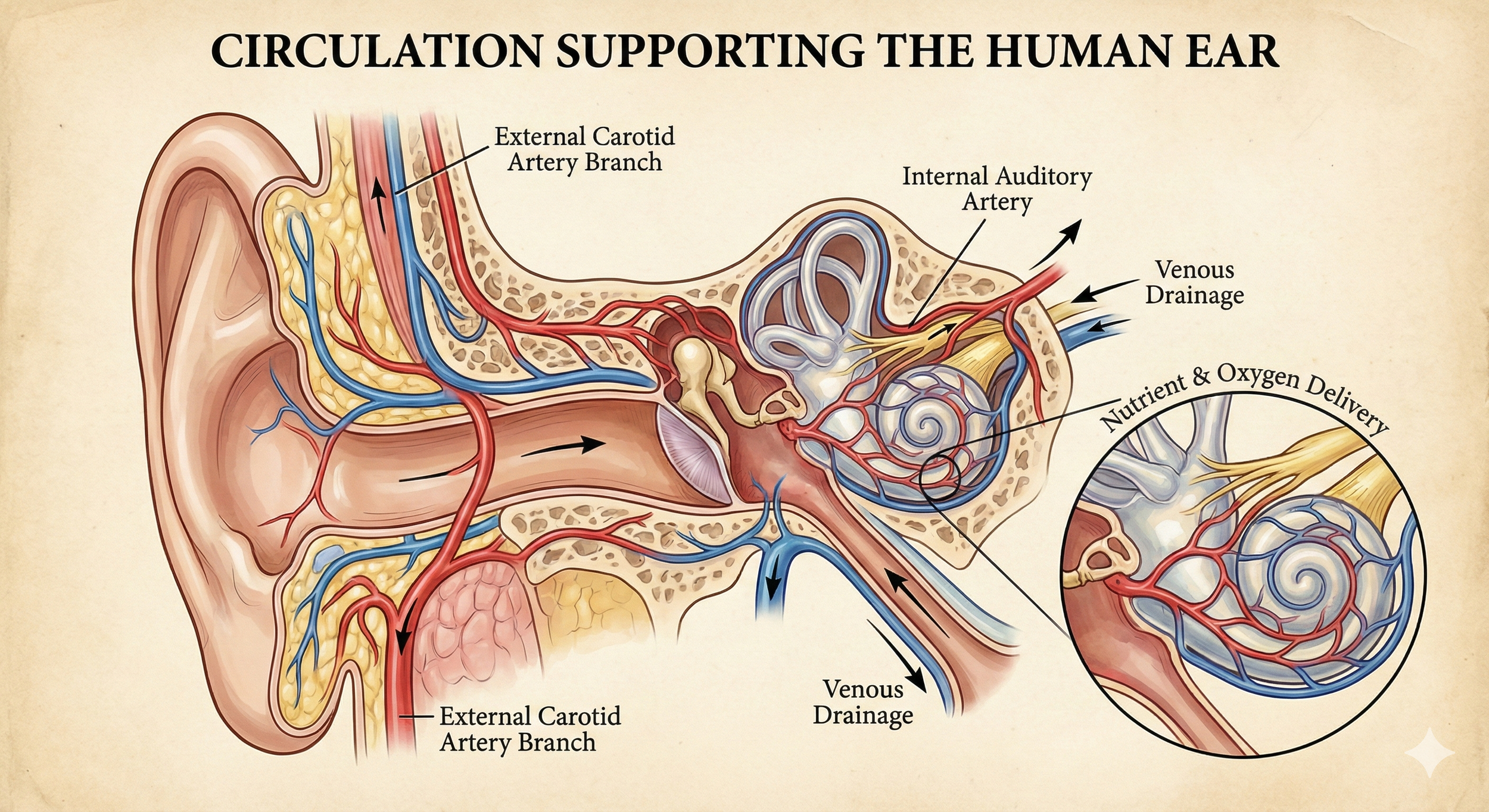 Diagram showing blood vessels and circulation supporting the inner ear and hearing system.