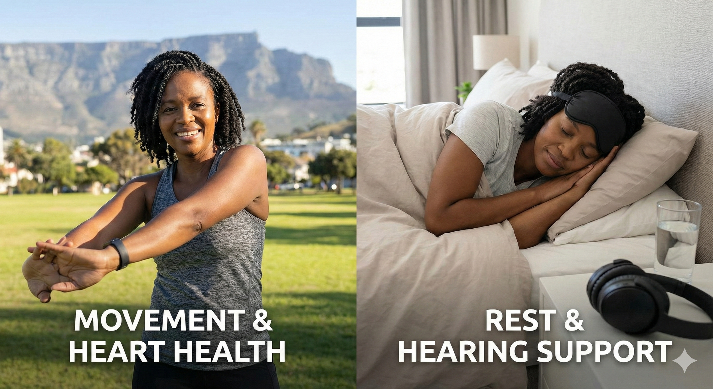 Split image showing a woman stretching outdoors and a woman resting comfortably in bed, representing movement and rest.