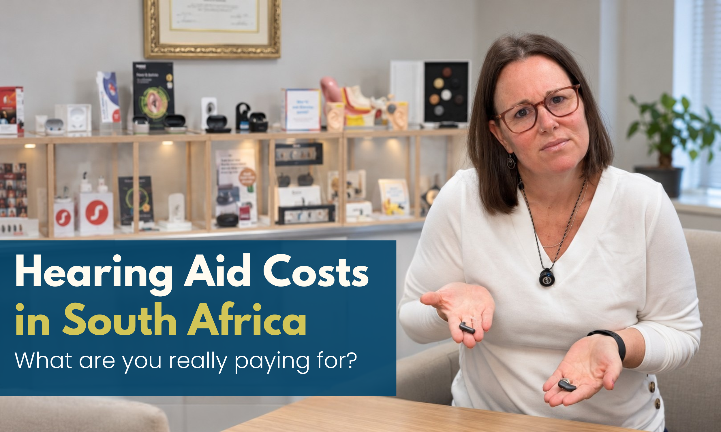 Kara Hoffman from Hoffman Audiology holds two hearing aids in the clinic, with hearing technology displayed behind her. Text reads: “Hearing Aid Costs in South Africa: What are you really paying for?”