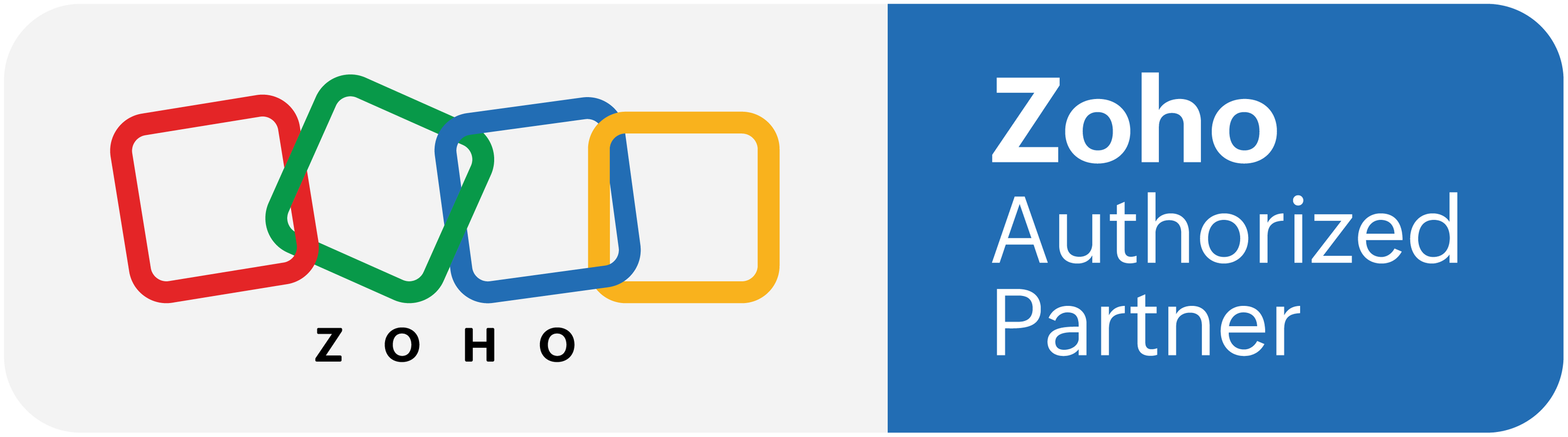 A logo with four overlapping colored squares in red, green, blue, and yellow, with the word 'ZOHO' underneath. To the right, there is a blue rectangle with white text that reads 'Zoho Authorized Partner.'