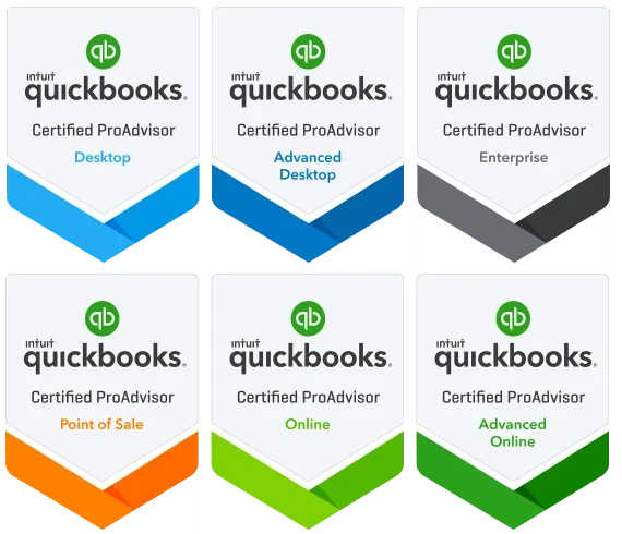 Image showing 6 badges for QuickBooks certifications, including 'Elite', 'QuickBooks Desktop Enterprise', and 'QuickBooks Online', all issued by Intuit ProAdvisor Certum Solutions.