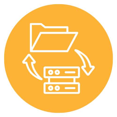 Icon of a folder and two server stacks with arrows indicating data transfer or synchronization.
