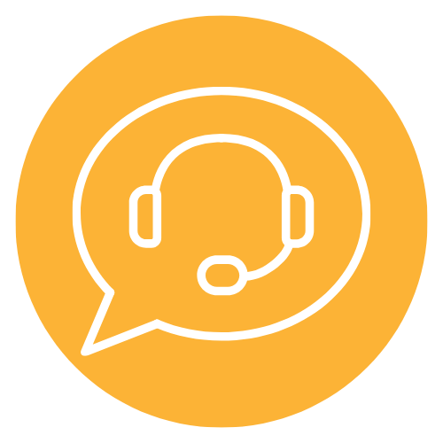 Icon of a headset inside a speech bubble on an orange background, representing customer support or communication.