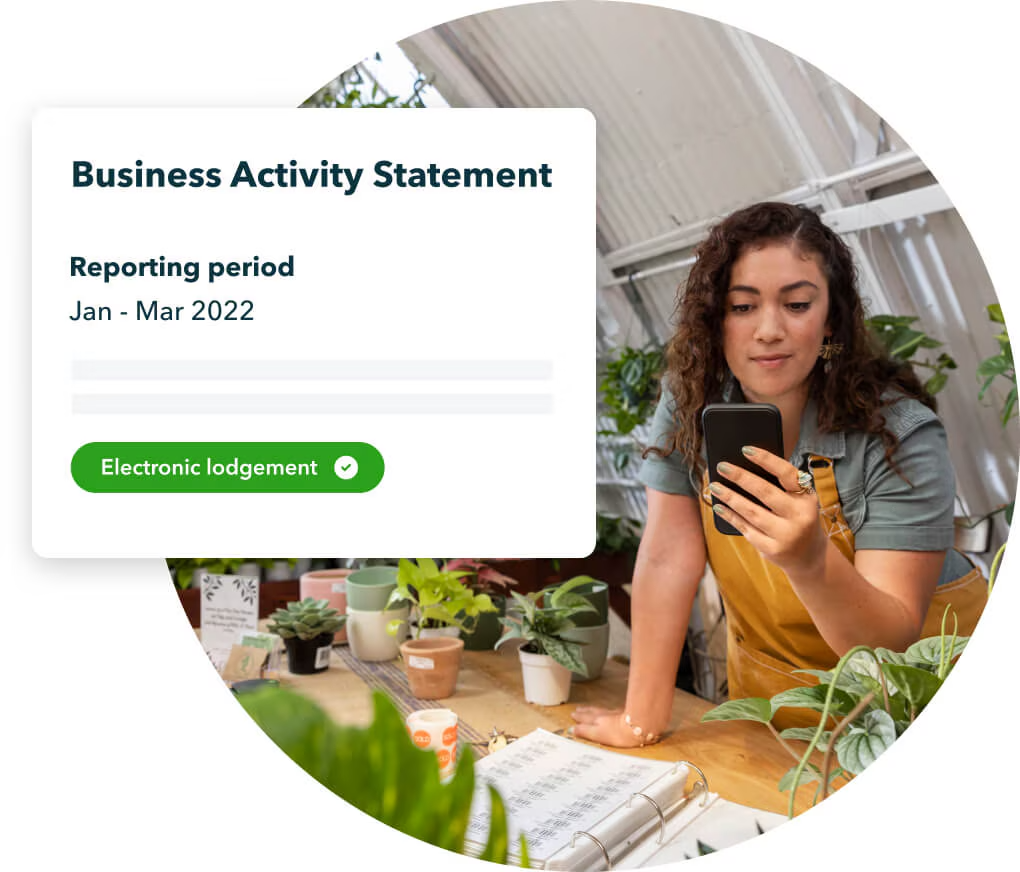 A woman in a greenhouse looking at her phone, with a business activity statement overlay showing Jan-March 2022 reporting period and electronic lodgement.