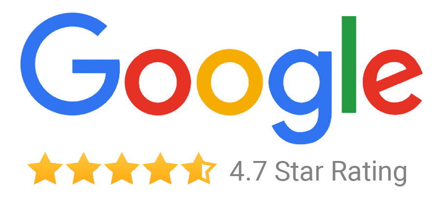 Google logo with five-star rating and review score of 4.7 stars.