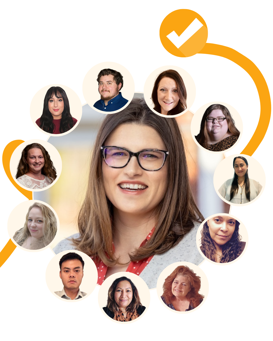 A collage of diverse professional individuals, with a central woman wearing glasses and smiling, surrounded by smaller circular portraits of other people.