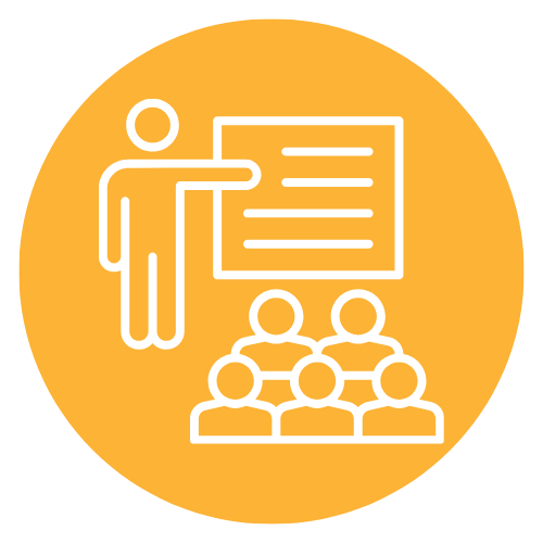 Icon of a person giving a presentation to an audience.