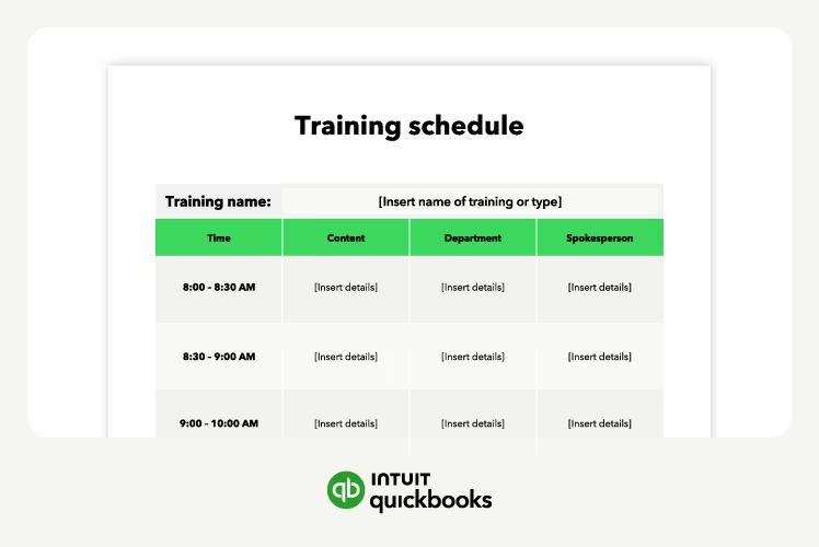 Training agenda showing role-based QuickBooks sessions and month-end close workshop