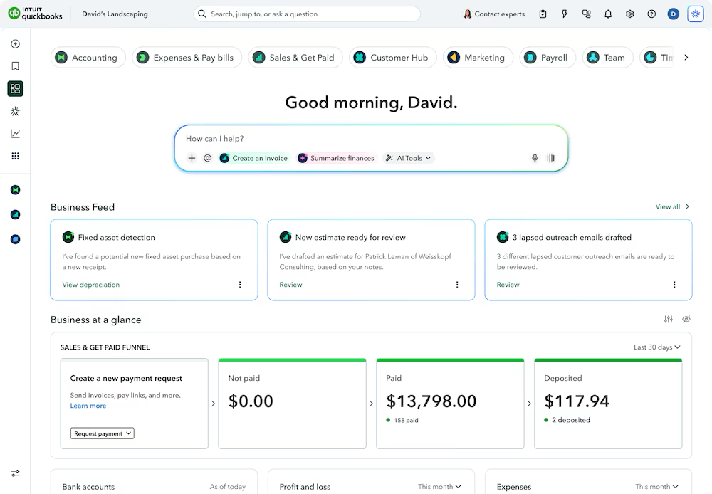 Dashboard for training using QuickBooks Online