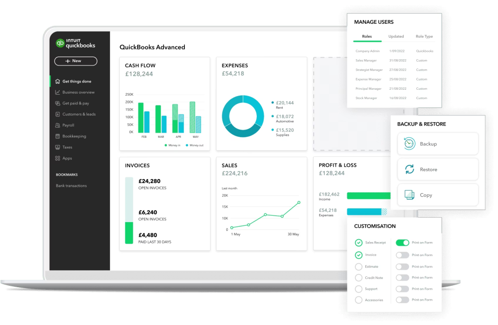 Quickbooks Implementation project showing completed dashboard screen in QB