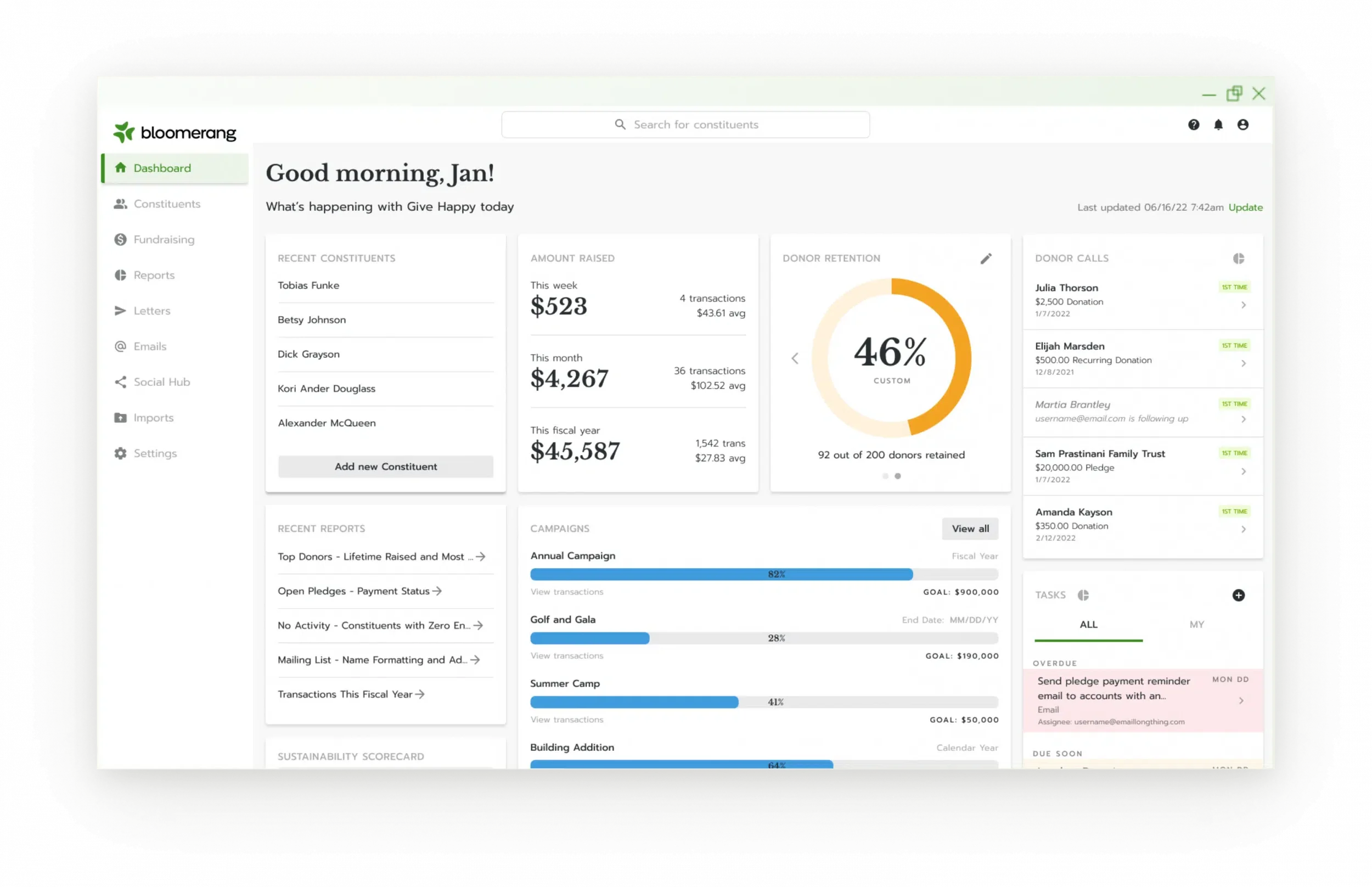 View of 2026 Bloomerang CRM Dashboard for Nonprofit Businesses