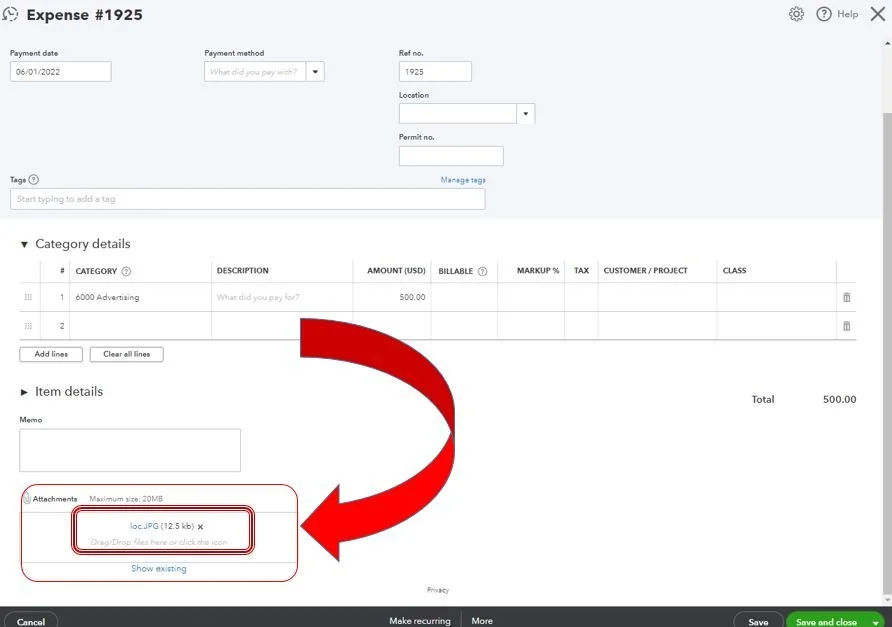 QuickBooks Online receipt review screen showing the Attachments section at the bottom with a receipt PDF successfully attached to the transaction