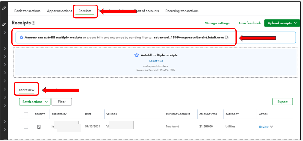 QuickBooks Online desktop interface showing the Receipts section under Accounting in the All-Apps menu, with the Upload Receipts button visible in the top right corner