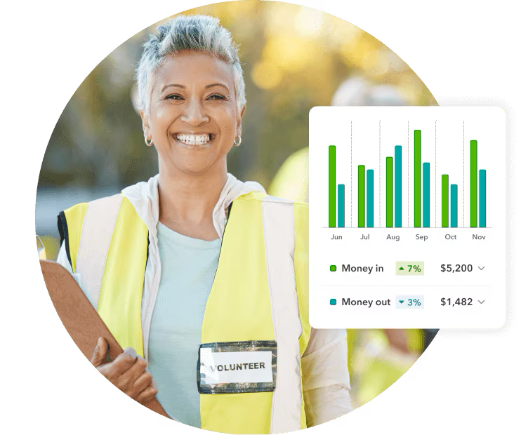 Smiling nonprofit volunteer in a safety vest with a QuickBooks income and expense report
