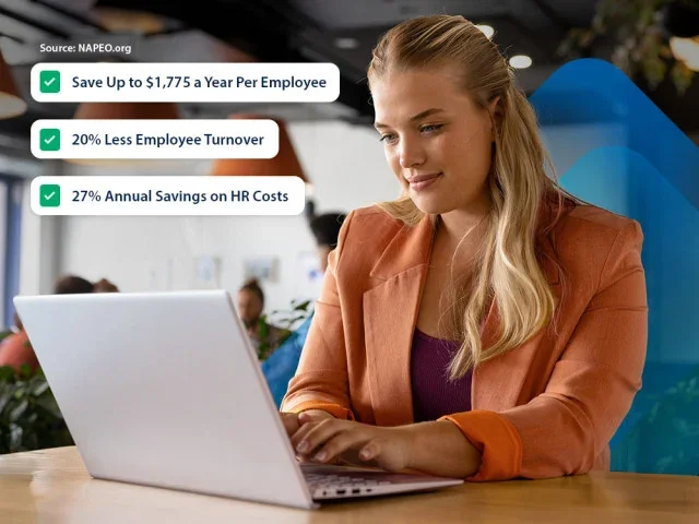 A woman in an office using a laptop with three checkmarked facts about employee savings and turnover displayed next to her.