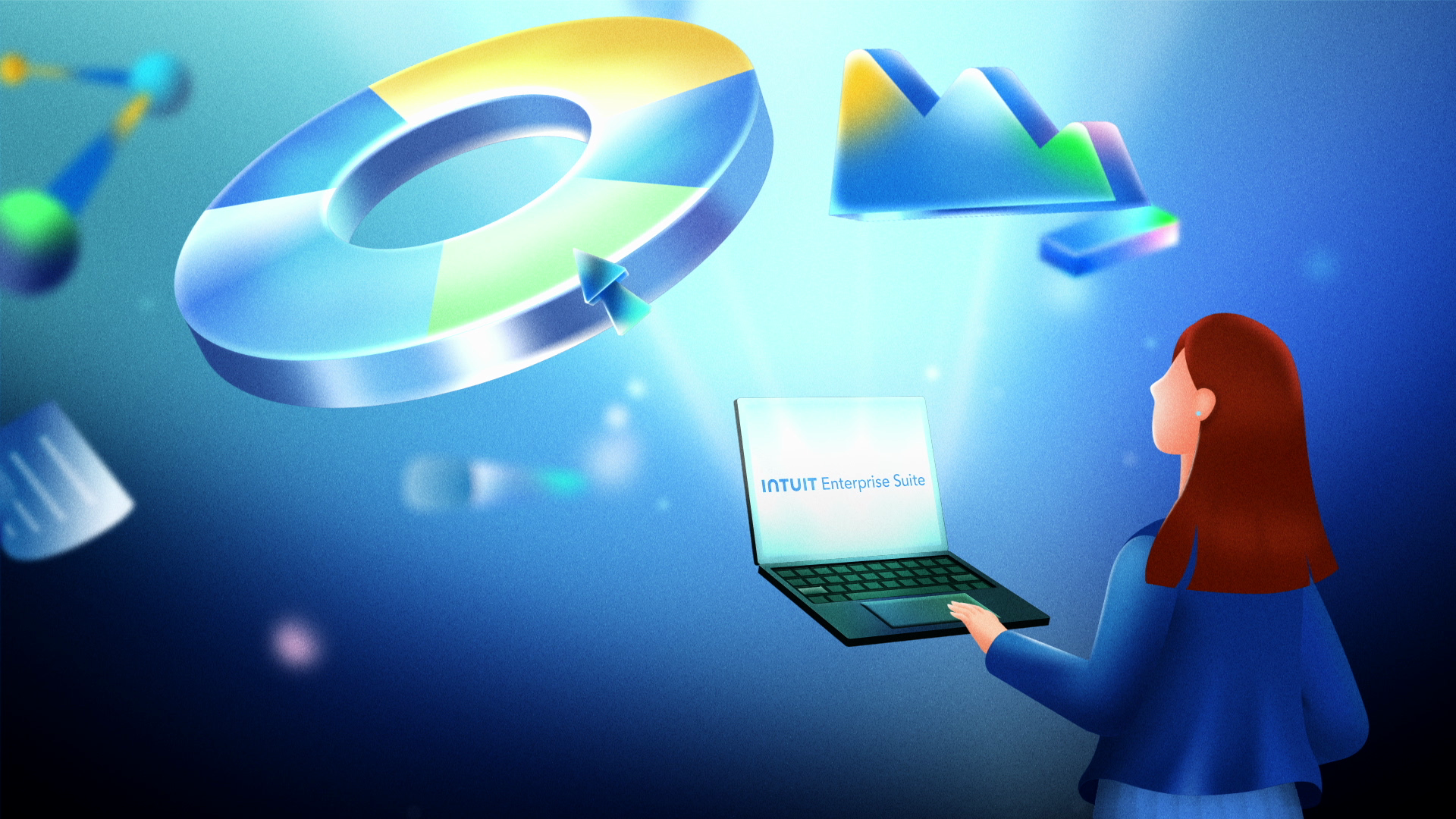 A woman with brown hair looks at floating 3D graphics including a pie chart, a line graph, and a digital tablet with 'INTUIT Enterprise Suite' on its screen against a blue background.