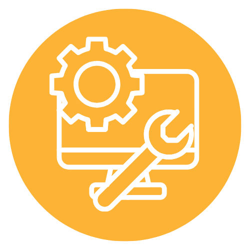 Icon of a computer monitor with a gear and a wrench, representing settings or technical support.