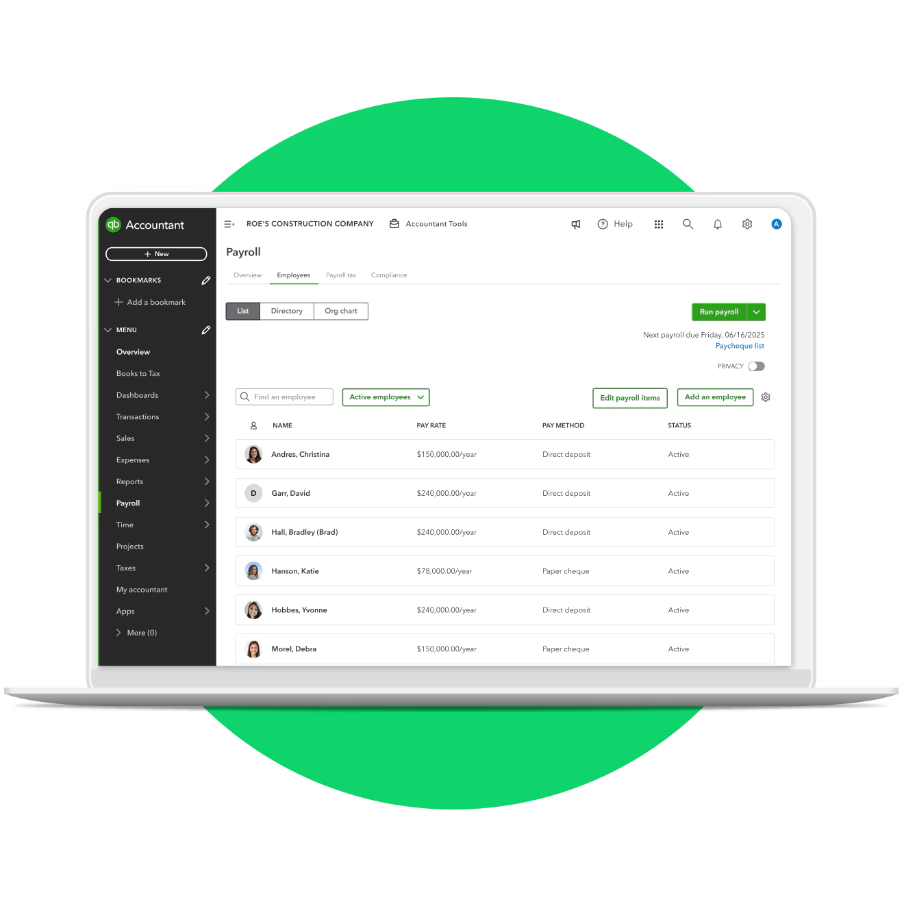 Current QuickBooks Payroll Dashboard showing on time payroll by certum solutions