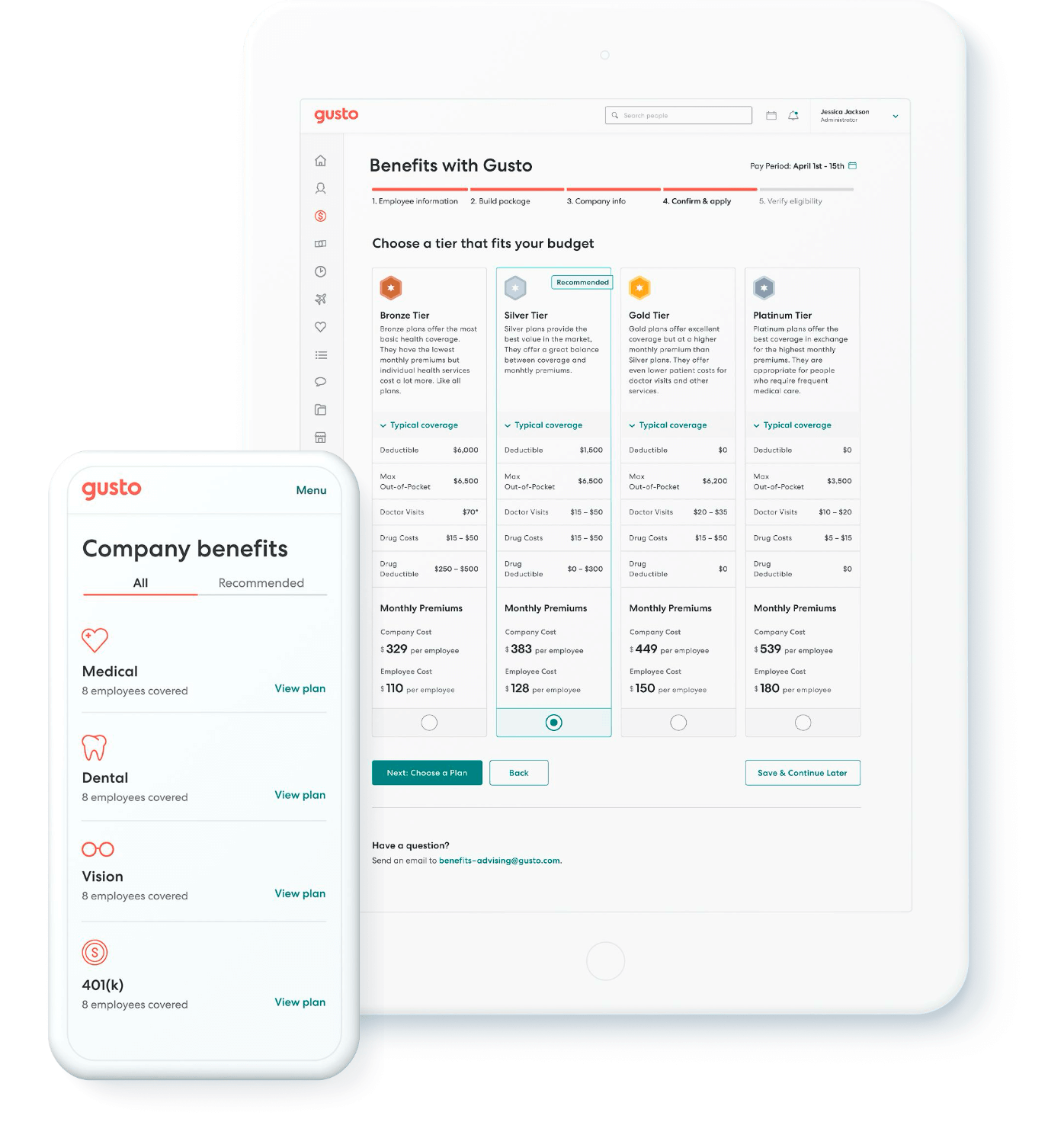 Dashboard of Gusto software showing benefits screen on mobile and desktop