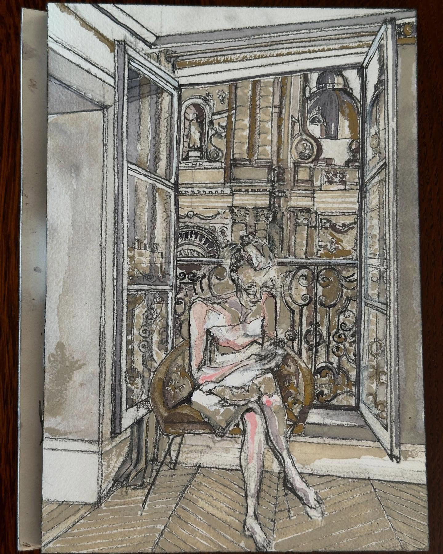 Michelle. 

The last of the Paris apartment drawings. 

Pencil, tint and gouache on paper. 26x18cm.