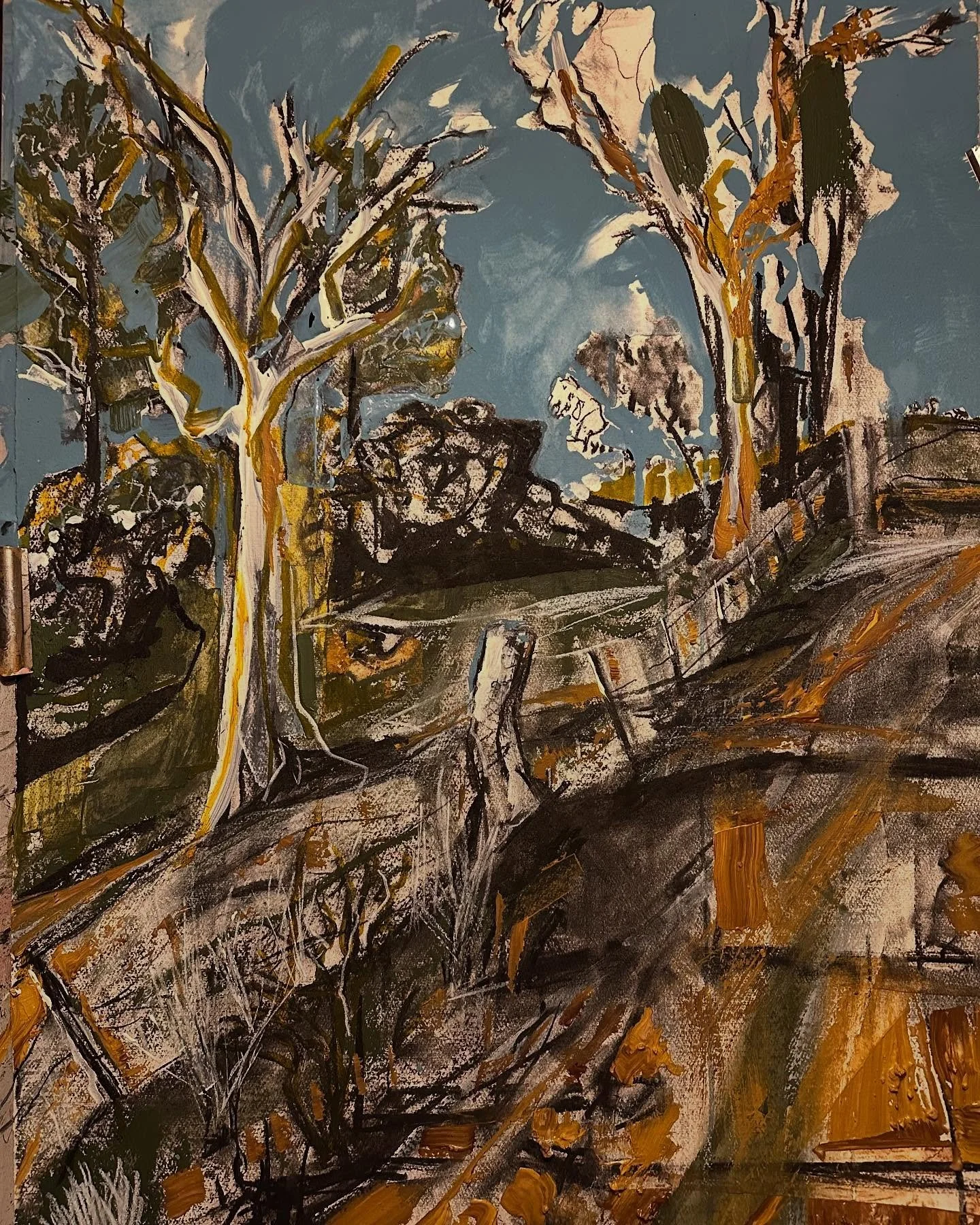 Sunset on the laneway to Deangle looking back along the old Caves fenceline - it will probably outlive the lot of us - after tackling the &lsquo;Top of the World&rsquo; with the kids, Rose &amp; Charlie. 

Rugged memories &amp; happiness. 

Acrylic, 