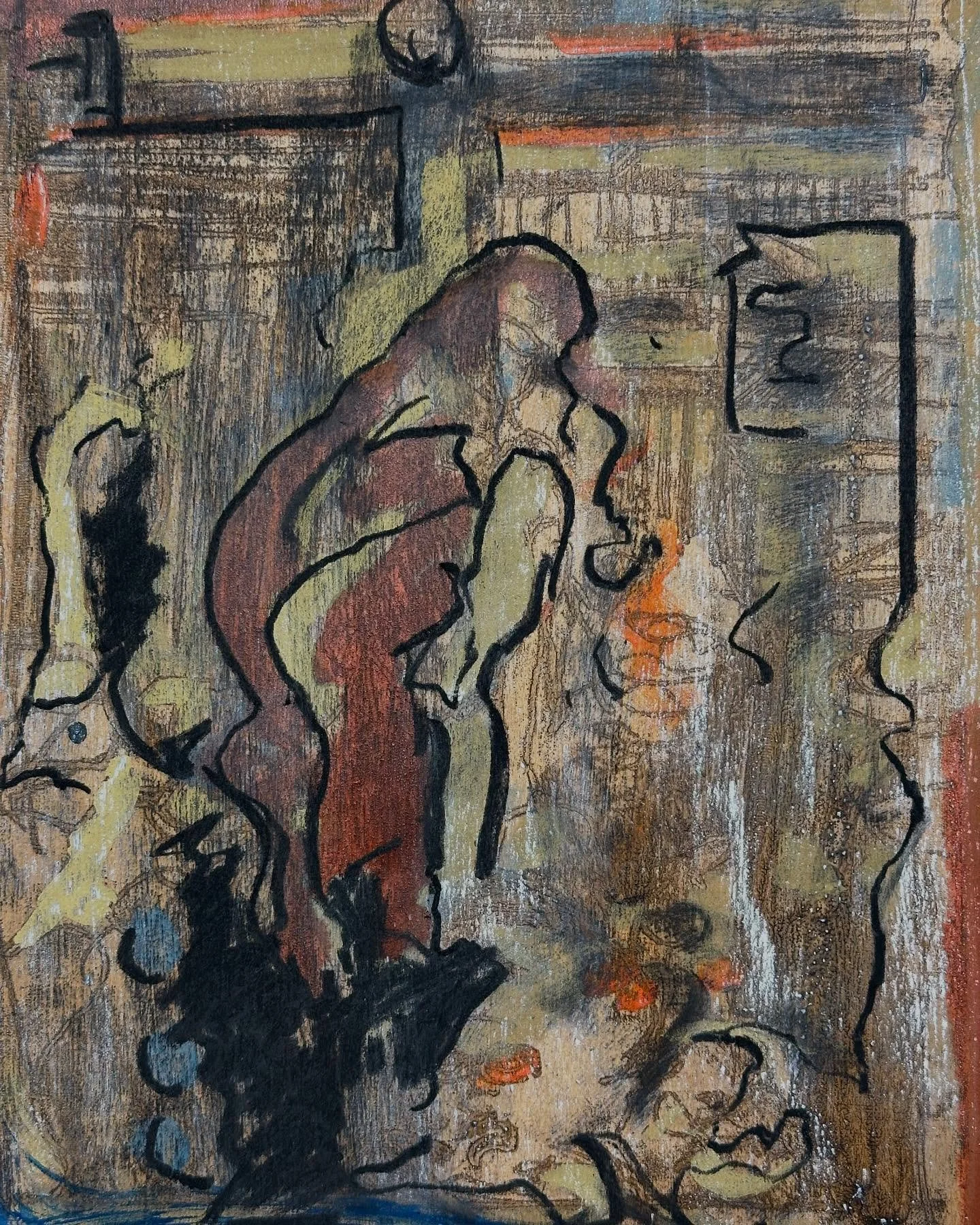Industrial logic,
A quiet calm before the assassin. 

Landscape and Labour series.,
&lsquo;Woolshed vignettes.&rsquo; 
Oil, acrylic, charcoal, chalk &amp; pigment on birch panels. 30x25cm. 2020 - ongoing. 

The plight of man is to walk together and t